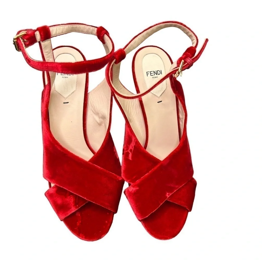 Fendi, Red Velvet Ankle Strap Shoe.  8 - Picture 8 of 12
